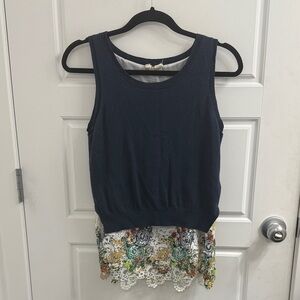 Anthropologie‎ moth Navy Blue Floral Lace Hem Sleeveless sweater size XS